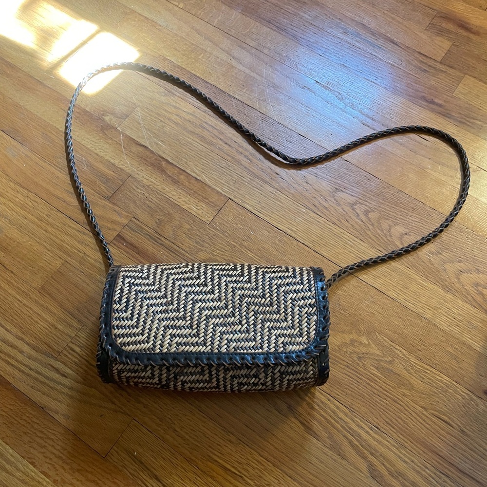 Brown woven boho Crossbody Purse Braided strap Colorful inside